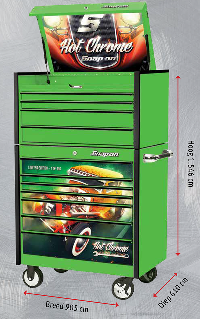 Groene gereedschapswagen en bovenkast met zwarte trim uit de Snap-on master series